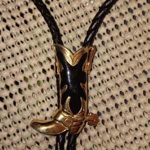 Vintage Gold Tone & Black Enamel Cowboy Boot Bolo On Braided Black Leather Rope